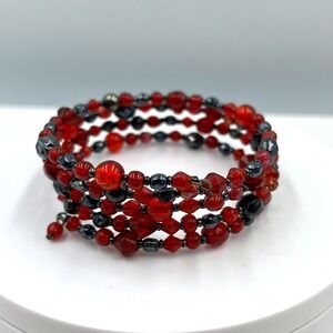 Vintage Red & Black Multi-Strand Beaded Wrap Bracelet Glass & Hematite Tone